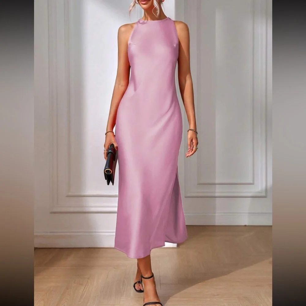 Elegant Pink Sleeveless Satin Dress
